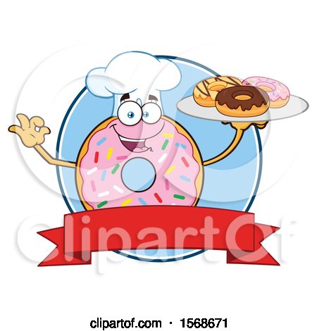 Clipart of a Cartoon Logo of a Pink Glazed and Sprinkle Donut Mascot Holding a Tray of Donuts - Royalty Free Vector Illustration by Hit Toon