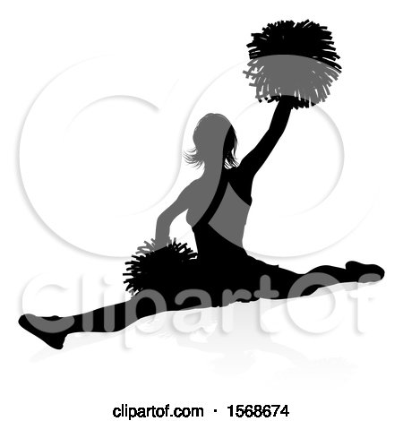 Clipart of a Silhouetted Cheerleader Doing the Splits, with a Reflection or Shadow, on a White Background - Royalty Free Vector Illustration by AtStockIllustration
