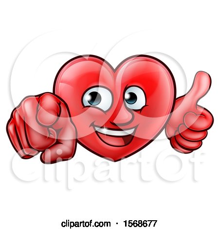 Clipart of a Cartoon Happy Red Love Heart Character Pointing at You and Giving a Thumb up - Royalty Free Vector Illustration by AtStockIllustration