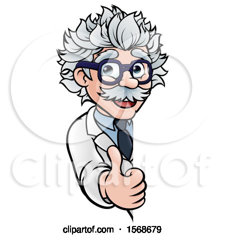 Clipart of a Cartoon Senior Male Scientist Giving a Thumb up Around a Sign - Royalty Free Vector Illustration by AtStockIllustration