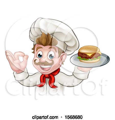 Clipart of a Cartoon Happy White Male Chef Gesturing Ok and Holding a Cheeseburger on a Tray - Royalty Free Vector Illustration by AtStockIllustration