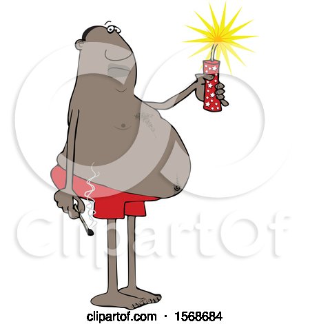 Clipart of a Cartoon Chubby Black Man in Swim Shorts, Holding a Firecracker and Match - Royalty Free Vector Illustration by djart