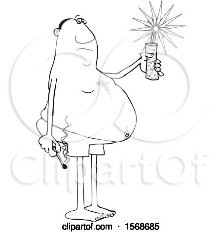 Clipart of a Cartoon Lineart Chubby Black Man in Swim Shorts, Holding a Firecracker and Match - Royalty Free Vector Illustration by djart