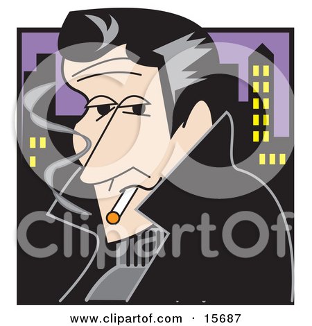 Handsom Rebellious Man Smoking A Cigarette At Night Near A City Clipart Illustration by Andy Nortnik