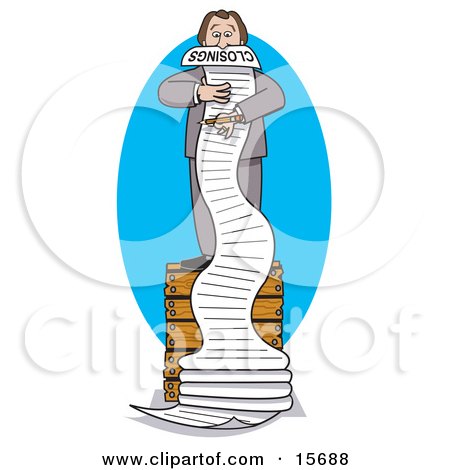 Overwhelmed Male Realtor Standing On A Crate And Reading A Really Long List Of Closings Clipart Illustration by Andy Nortnik