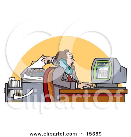 Busy Male Realtor On The Telephone, Using A Computer And Putting Paper In A Fax Machine All At The Same Time Clipart Illustration by Andy Nortnik
