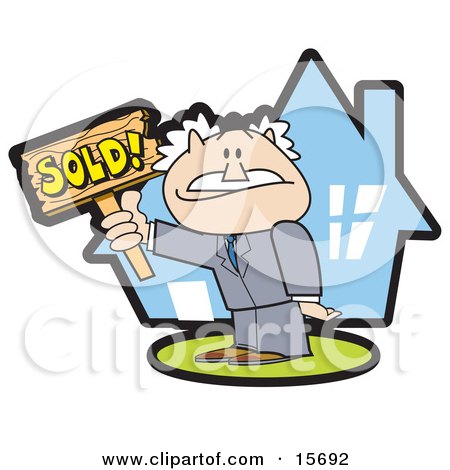 Successful Male Realtor Standing In Front Of A House And Holding A Sold Sign Clipart Illustration by Andy Nortnik