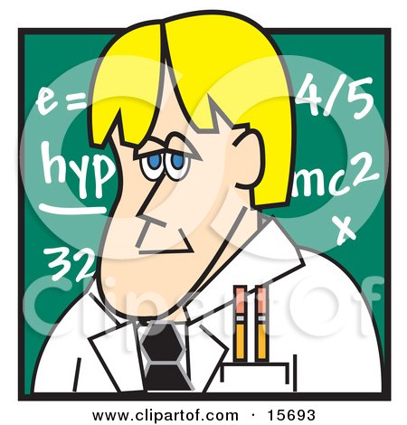 Blond Male Teacher Standing In Front Of A Chalkboard In A School Classroom Clipart Illustration by Andy Nortnik