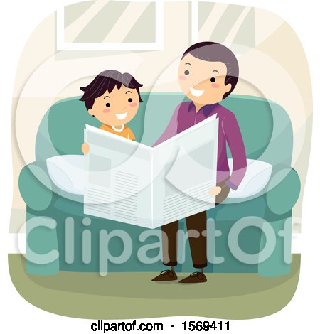 Clipart of a Father Reading the Newspaper to His Son - Royalty Free Vector Illustration by BNP Design Studio