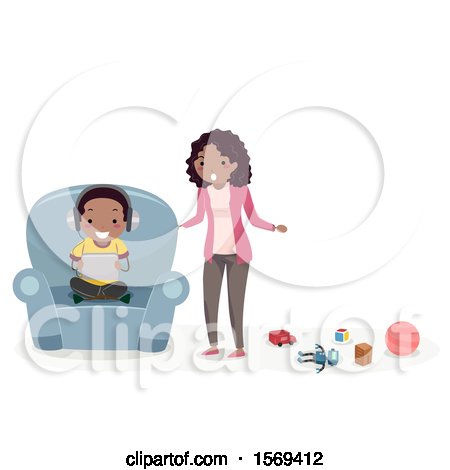 Clipart of a Mother Telling Her Son to Stop Playing Games and Clean up Toys - Royalty Free Vector Illustration by BNP Design Studio