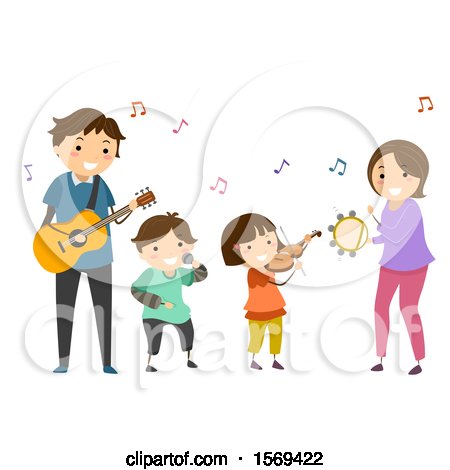 Clipart of a Happy Family Playing a Guitar, Violin, Tambourine and Singing Together - Royalty Free Vector Illustration by BNP Design Studio