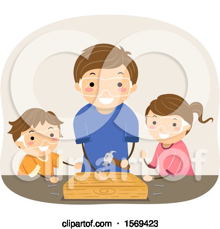 Clipart of a Father Teaching His Son and Daughter Woodworking - Royalty Free Vector Illustration by BNP Design Studio
