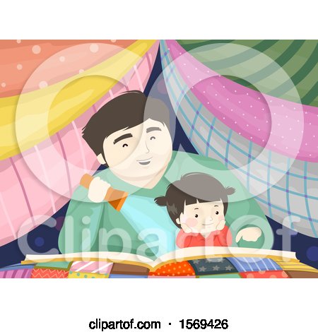 Clipart of a Dad Reading a Story Book to His Daughter in a Blanket Fort - Royalty Free Vector Illustration by BNP Design Studio