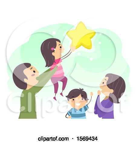 Clipart of a Happy Family Reaching for the Stars - Royalty Free Vector Illustration by BNP Design Studio