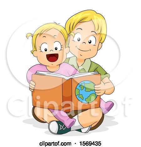 Clipart of a Baby Girl Sitting in Her Big Brothes Lap and Reading a Book About Geography - Royalty Free Vector Illustration by BNP Design Studio