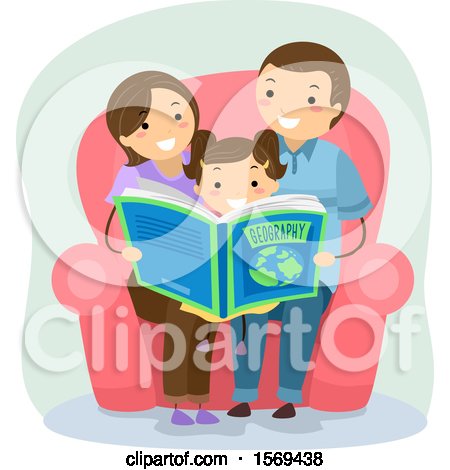 Clipart of a Daughter Sitting with Her Parents and Reading a Geography Book - Royalty Free Vector Illustration by BNP Design Studio