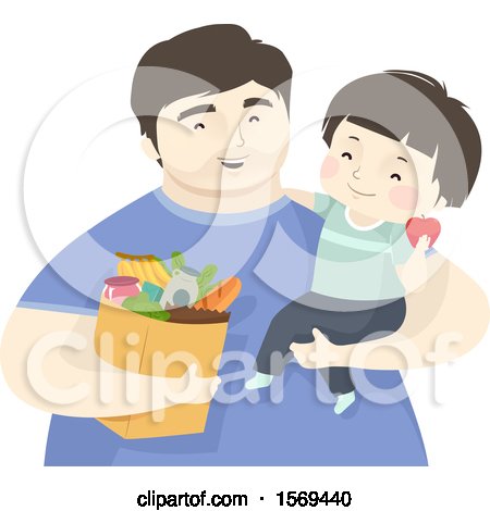 Clipart of a Dad Holding His Son and Carrying Groceries - Royalty Free Vector Illustration by BNP Design Studio
