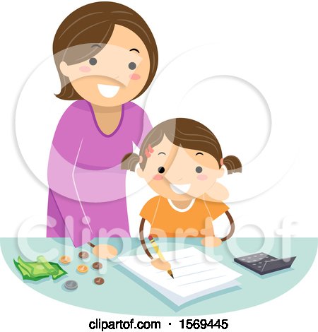 Clipart of a Mother Teaching Her Daughter How to Count Change - Royalty Free Vector Illustration by BNP Design Studio