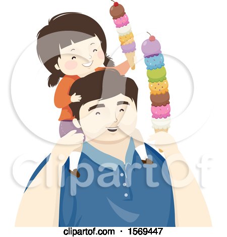 Clipart of a Dad Carrying His Daughter on His Shoulders and Eating Ice Cream - Royalty Free Vector Illustration by BNP Design Studio