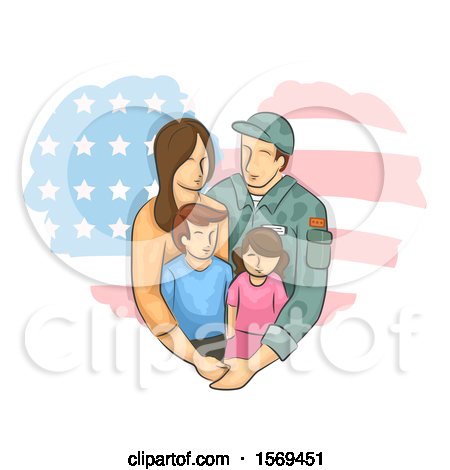 Clipart of a Military Dad and His Family over an American Flag Heart - Royalty Free Vector Illustration by BNP Design Studio