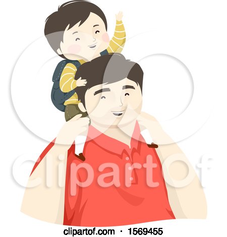Clipart of a Baby Boy Riding on His Dads Shoulders and Going to School - Royalty Free Vector Illustration by BNP Design Studio