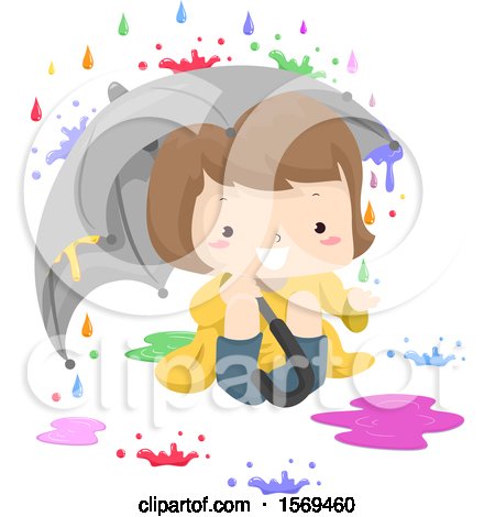 Clipart of a Girl Under an Umbrella, Watching Colorful Rain Drops Fall - Royalty Free Vector Illustration by BNP Design Studio