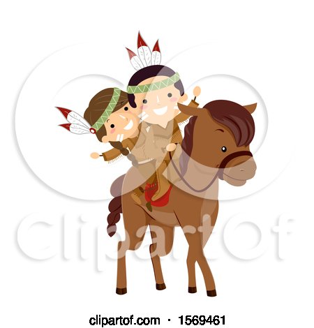 Clipart of Group of Native American Children Riding a Horse and Waving - Royalty Free Vector Illustration by BNP Design Studio