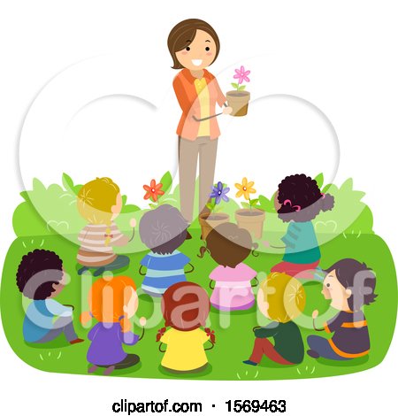 Clipart of a Teacher and Children Talking About Gardening - Royalty Free Vector Illustration by BNP Design Studio