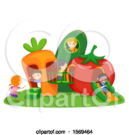Clipart of a Group of Children Playing in a Vegetable Playground - Royalty Free Vector Illustration by BNP Design Studio