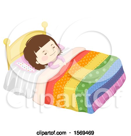 Clipart of a Girl Sleeping in Bed Under a Colorful Quilt - Royalty Free Vector Illustration by BNP Design Studio