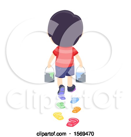 Clipart of a Rear View of a Boy Carrying Plants and Leaving Colorful Foot Prints - Royalty Free Vector Illustration by BNP Design Studio