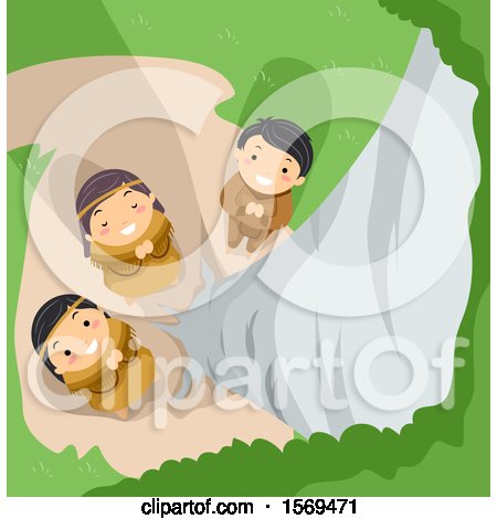 Clipart of a Group of Native American Children Praying to Tree Spirits at a Birch - Royalty Free Vector Illustration by BNP Design Studio