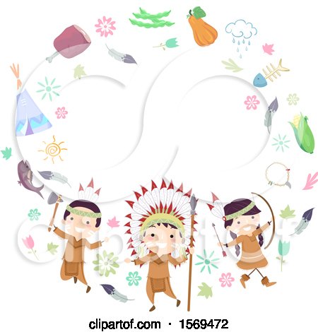 Clipart of a Group of Native American Children with an Axe, Spear and Bow in a Frame - Royalty Free Vector Illustration by BNP Design Studio