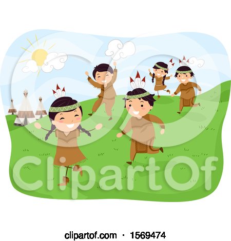 Clipart of a Group of Native American Children Playing - Royalty Free Vector Illustration by BNP Design Studio
