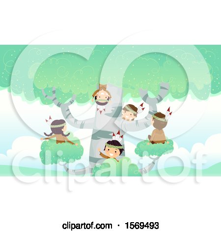 Clipart of a Group of Native American Children Playing in a Birch Tree - Royalty Free Vector Illustration by BNP Design Studio