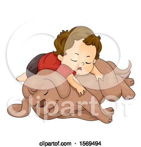 Clipart of a Toddler Boy Sleeping on His Dog - Royalty Free Vector Illustration by BNP Design Studio