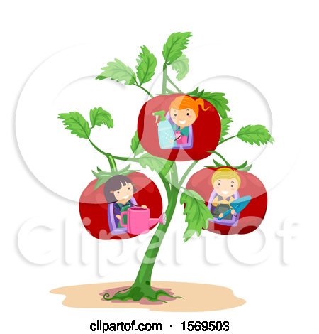 Clipart of a Giant Tomato Plant with Children and Garden Tools in the Fruits - Royalty Free Vector Illustration by BNP Design Studio