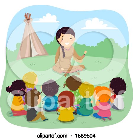 Clipart of a Group of Children Listening to a Native American Woman Telling a Story - Royalty Free Vector Illustration by BNP Design Studio