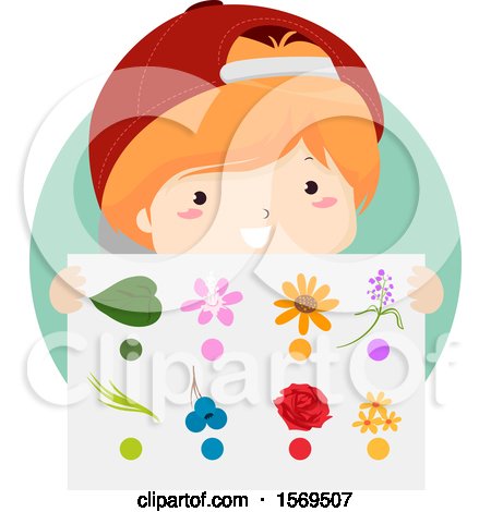 Clipart of a Boy Holding Items on a Nature Color Hunt Sheet - Royalty Free Vector Illustration by BNP Design Studio