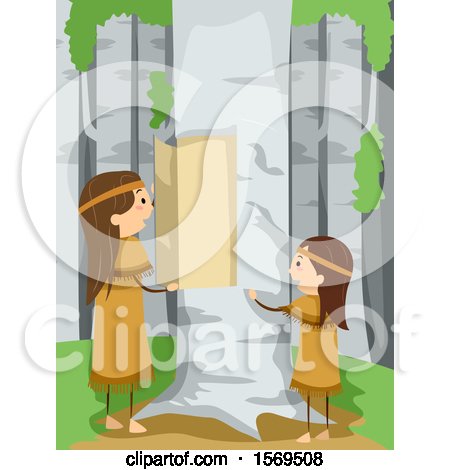 Clipart of Native American Children Removing Birch Bark - Royalty Free Vector Illustration by BNP Design Studio