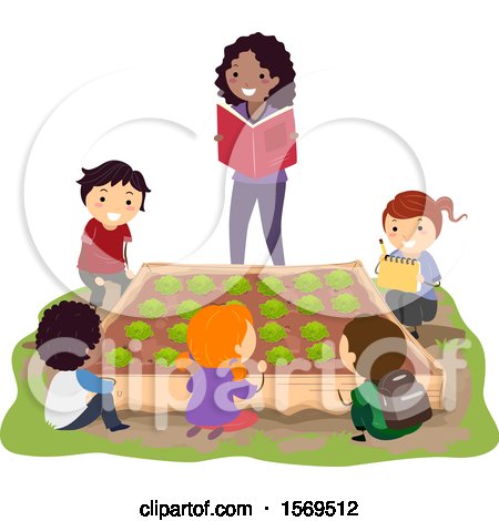 Clipart of a Teacher and Group of Children Around a Cabbage Garden Bed - Royalty Free Vector Illustration by BNP Design Studio