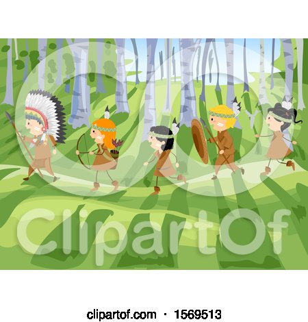 Clipart of a Group of Native American and Caucasian Children Going Hunting - Royalty Free Vector Illustration by BNP Design Studio