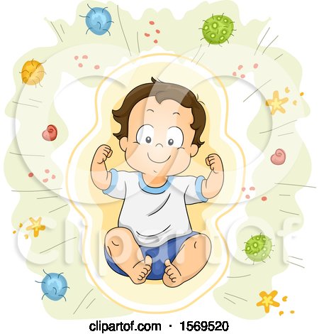 Clipart of a Flexing Toddler Boy Surrounded by Bacteria - Royalty Free Vector Illustration by BNP Design Studio