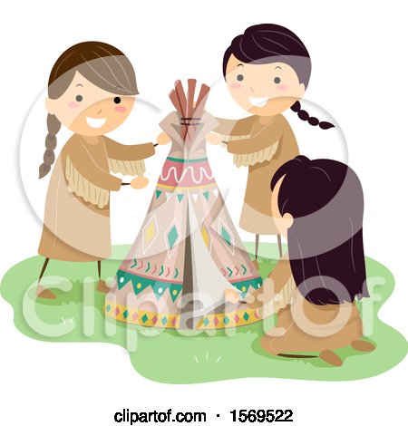 Clipart of a Group of Native American Girls Making a Mini Teepee - Royalty Free Vector Illustration by BNP Design Studio