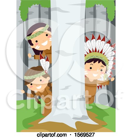 Clipart of a Group of Native American Children Hiding Behind a Birch Tree - Royalty Free Vector Illustration by BNP Design Studio