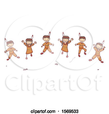 Clipart of a Sketched Group of Native American Children Jumping - Royalty Free Vector Illustration by BNP Design Studio