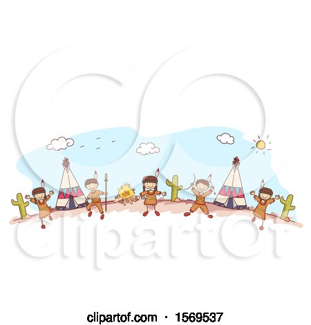 Clipart of a Sketched Group of Native American Children Welcoming - Royalty Free Vector Illustration by BNP Design Studio