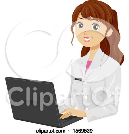 Clipart of a Teen Girl Wearing a Lab Coat and Using a Laptop - Royalty Free Vector Illustration by BNP Design Studio