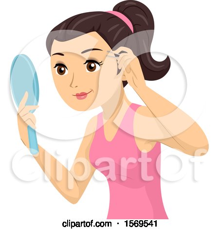 Clipart of a Teen Girl Holding a Mirror and Plucking Her Eyebrows - Royalty Free Vector Illustration by BNP Design Studio