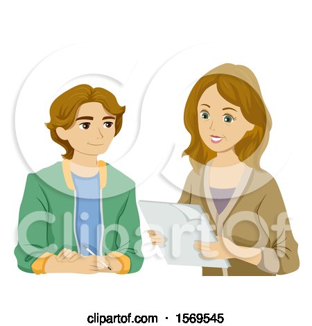 Clipart of a Teen Guy Having His Mother Read His Report - Royalty Free Vector Illustration by BNP Design Studio
